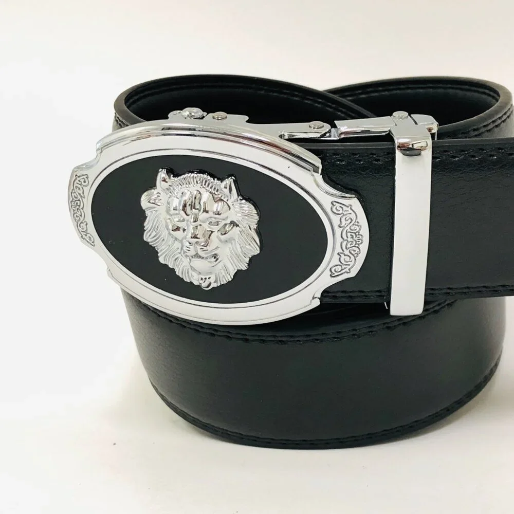 Black Leather Belt Automatic Silver Lion Head Buckle Slide Belts No Hole‎ Strep